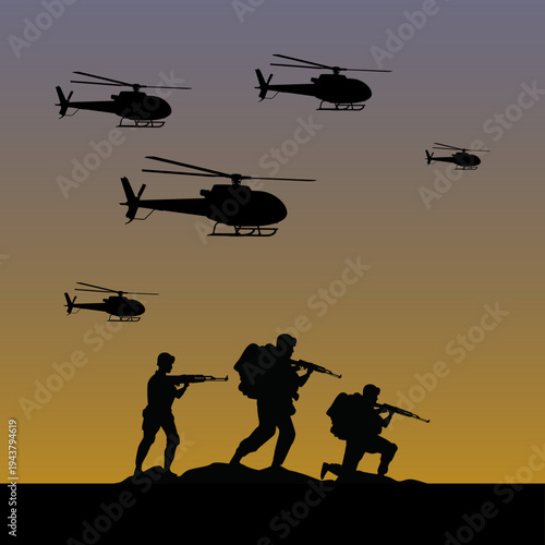 Vector silhouettes of soldiers on duty, troops, military man, armored army in various combat poses isolated on white background. War, conflict, battlefield concept