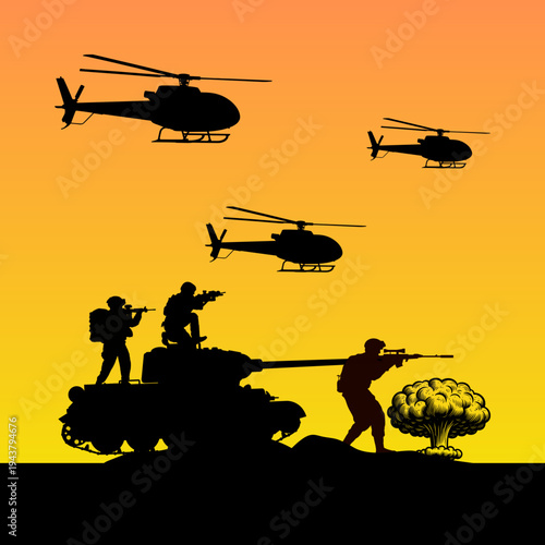 Vector silhouettes of soldiers on duty, troops, military man, armored army in various combat poses isolated on white background. War, conflict, battlefield concept