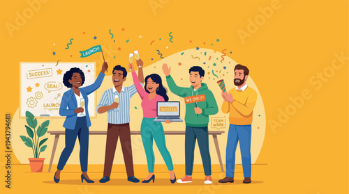 Diverse group of colleagues celebrating a successful project completion together.