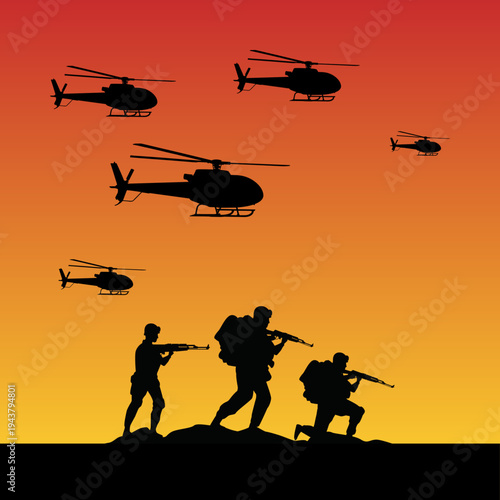 Vector silhouettes of soldiers on duty, troops, military man, armored army in various combat poses isolated on white background. War, conflict, battlefield concept