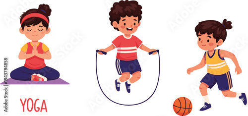 Active Kids Practicing Yoga, Jumping Rope, and Playing Basketball – Vector Illustration of Fun Exercise and Sports Activities