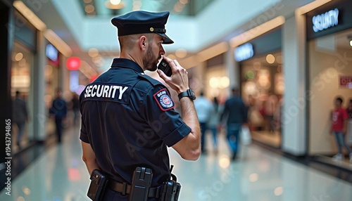  Security guard using radio during patrol in modern shopping mall