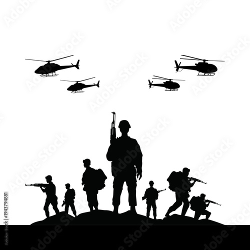 Vector silhouettes of soldiers on duty, troops, military man, armored army in various combat poses isolated on white background. War, conflict, battlefield concept