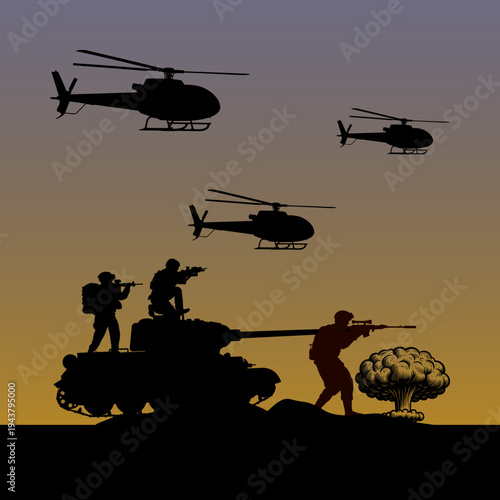 Vector silhouettes of soldiers on duty, troops, military man, armored army in various combat poses isolated on white background. War, conflict, battlefield concept
