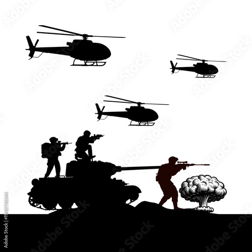 Vector silhouettes of soldiers on duty, troops, military man, armored army in various combat poses isolated on white background. War, conflict, battlefield concept
