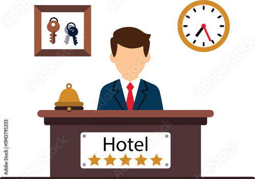 Hotel reception desk with receptionist and service bell, hospitality front desk concept for travel accommodation flat vector illustration