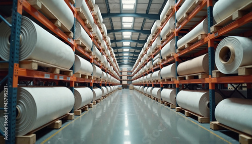  Textile fabric rolls stacked on warehouse shelves in modern factory