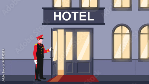 Luxury hotel entrance with doorman opening door, hospitality service concept at building reception, travel accommodation flat vector illustration