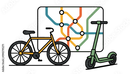 A bicycle and scooter illustration with a city map background