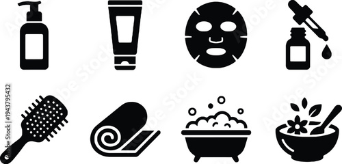 A set of black silhouette icons for various spa and beauty products