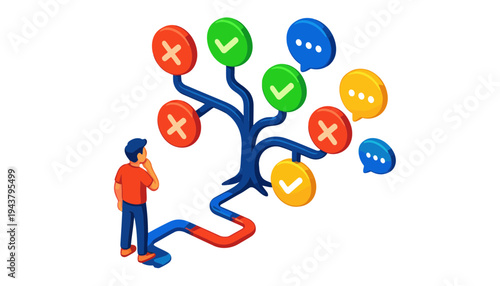 A man thinking in front of a tree with checkmarks and speech bubbles