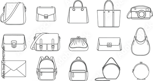 Fashion Bags Line Icons Set with Tote Purse Backpack Clutch Camera Bag and Envelope Editable Vector Collection