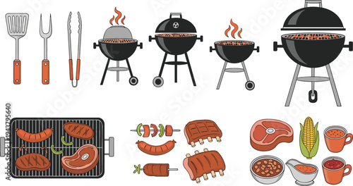 BBQ Grill Tools and Delicious Meat Cuts – Vector Illustration of Grilling, Barbecue, and Summer Cooking