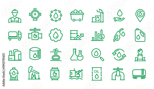 Oil and Gas web icons in line style. Fuel, gas station, refinery, petroleum, oil well, gas pump, energy, barrel, industry, transportation, collection. Vector illustration.