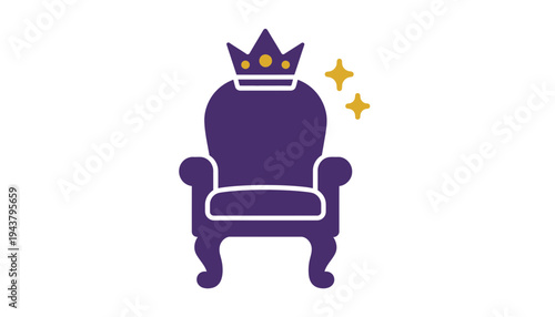 A royal throne icon with a crown and stars on a white background