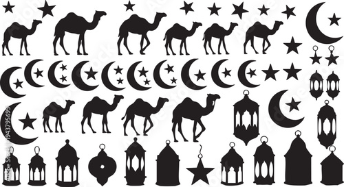 Black silhouettes of Ramadan symbols including camels crescent moons stars and lanterns on white background