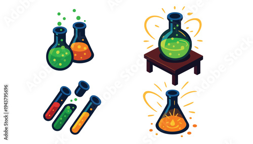 A laboratory equipment icon set with colorful beakers and test tubes