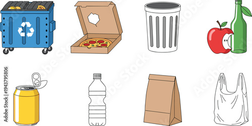 Waste and Recycling Icons Set with Trash Bin Plastic Bottle Paper Bag Aluminum Can and Glass Bottle Vector Illustration