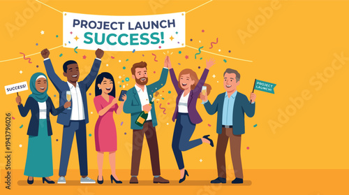 Diverse group of people celebrating successful project launch with confetti.