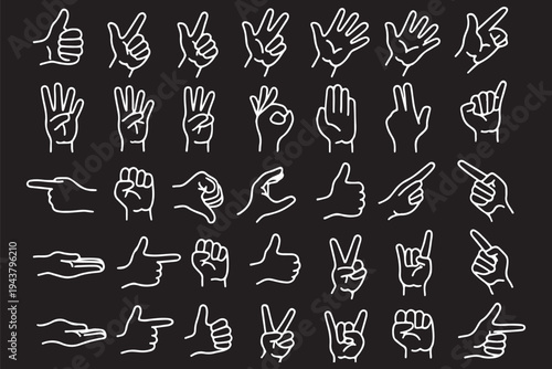 
Hand gestures line icon set. Included icons as fingers interaction, pinky swear, forefinger point, greeting, pinch, hand washing and more.