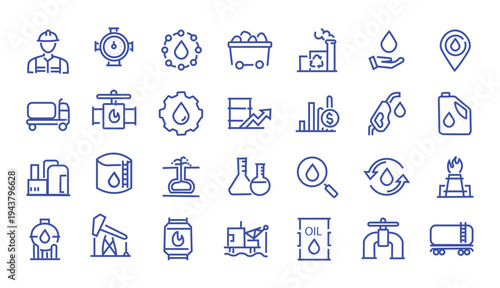 Oil and Gas web icons in line style. Fuel, gas station, refinery, petroleum, oil well, gas pump, energy, barrel, industry, transportation, collection. Vector illustration.