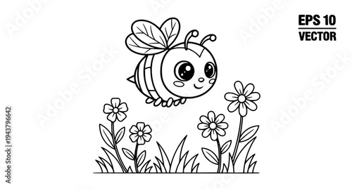 Cute kawaii bee in flower garden kids coloring page vector illustration EPS 10