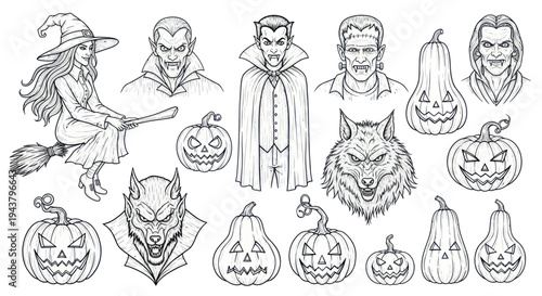 Halloween Drawing Collection: Witch, Vampires, Werewolf, Frankenstein, Pumpkins