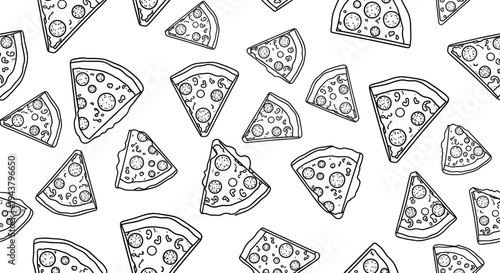 Hand-drawn pizza slices seamless pattern, doodle style, black and white