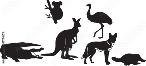 Black silhouettes of six australian animals on white background