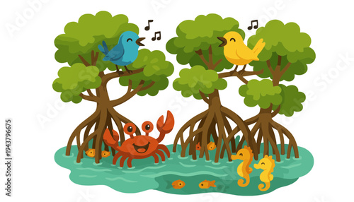 A colorful illustration of mangrove trees with singing birds and sea creatures