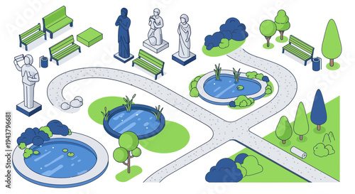 Isometric Park Design Elements: Statues, Ponds, Benches, Trees, and Paths