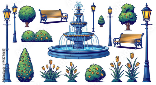 Pixel Art Park Elements: Fountain, Benches, Lamps, Bushes, Trees, Flowers