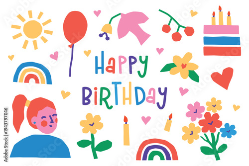 Happy birthday doodle set, naive style lettering, bright colors and rough lines. Cute girl, cake with candles, balloon, rainbow, flower bouquet, dove, heart and berries, festive vector illustration