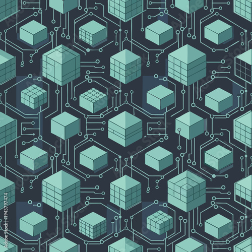 Geometric cubes interconnected by circuit board lines on a dark background