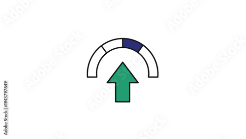 Performance gauge with an upward arrow and a partially filled segment, signifying improvement, progress, and increased metrics.