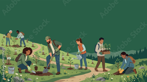Diverse group of people planting trees on a hillside.