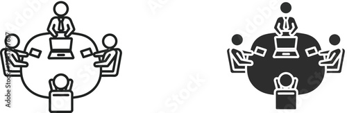 Set of meeting or discussion icons featuring people sitting around a table. Round table teamwork, collaboration, and brainstorming. 