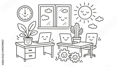 A smiling office workspace with laptops and happy plants illustration
