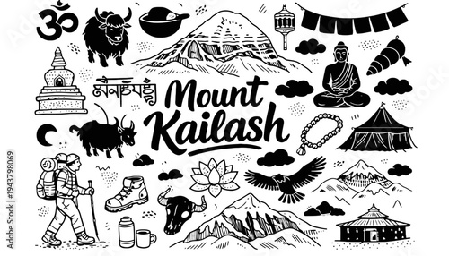 Mount Kailash vector illustration with various Buddhist and trekking symbols