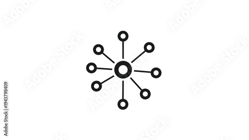 Central circle connected to multiple surrounding circles, representing a network, hub, distribution, and interconnected system.