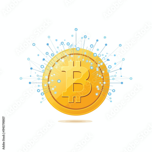 Golden cryptocurrency coin with a network of blue dots and lines emanating from it