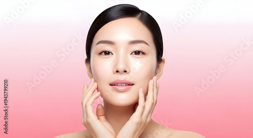 ピンクのグラデーション背景に、透明感のある肌と自然なメイクの美しい若いアジア人女性が両手で顔に触れているポートレート。スキンケア、美容、化粧品の広告に最適なイメージ。