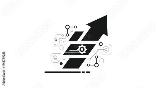 Upward arrow composed of layered shapes with circuit elements and a gear, symbolizing technological progress and strategic development.