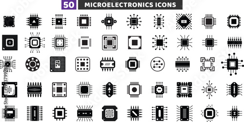 Microelectronics and microchip solid vector icon set. CPU, processor and circuit board symbols.