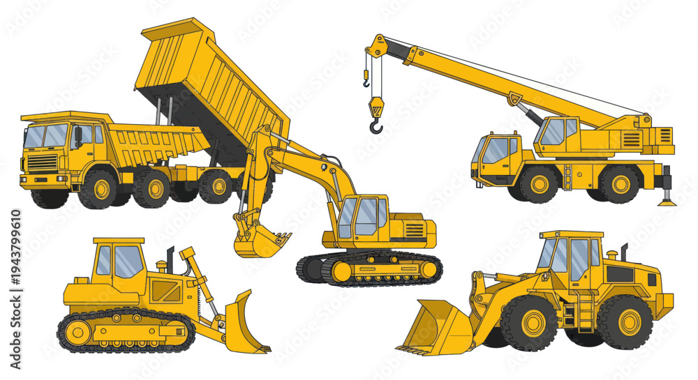 Obraz premium Yellow Construction Vehicles Set: Dump Truck, Excavator, Crane, Bulldozer, Loader