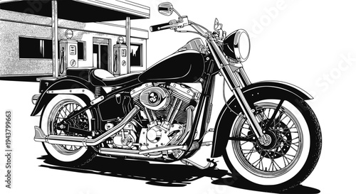 Vintage motorcycle vector silhouette. Classic motorcycle with gas station. Transparent background SVG version.
