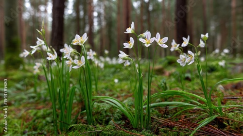 Delicate white flowers in a forest setting with natural sunlight and depth of field