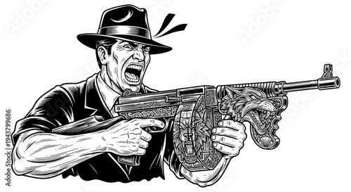 Gangster with Thompson Submachine Gun, Aggressive Expression, Vintage Style Illustration