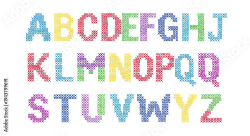 Colorful Cross Stitch Alphabet Letters A-Z Isolated on White Background