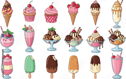 Colorful Ice Cream Sundae and Milkshake Collection with Cupcakes Waffles Popsicles and Whipped Cream Toppings Sweet Dessert Vector Set